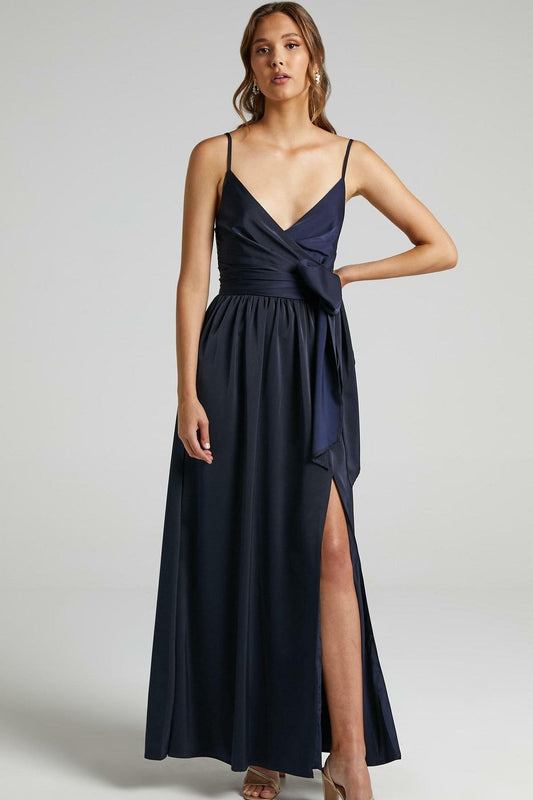Cami V-neck Wrapover Pleated Lace Up Slit Maxi Dress Blue
