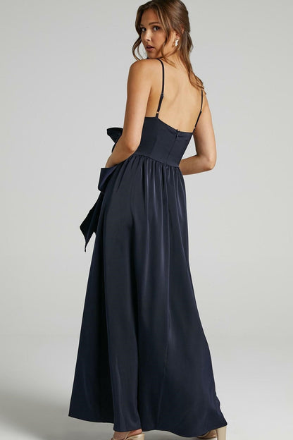 Cami V-neck Wrapover Pleated Lace Up Slit Maxi Dress Blue