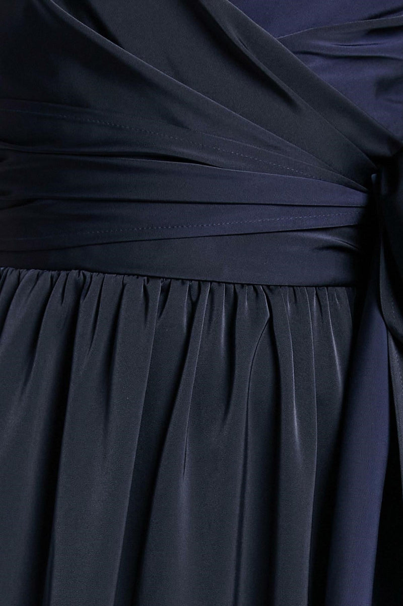 Cami V-neck Wrapover Pleated Lace Up Slit Maxi Dress Blue