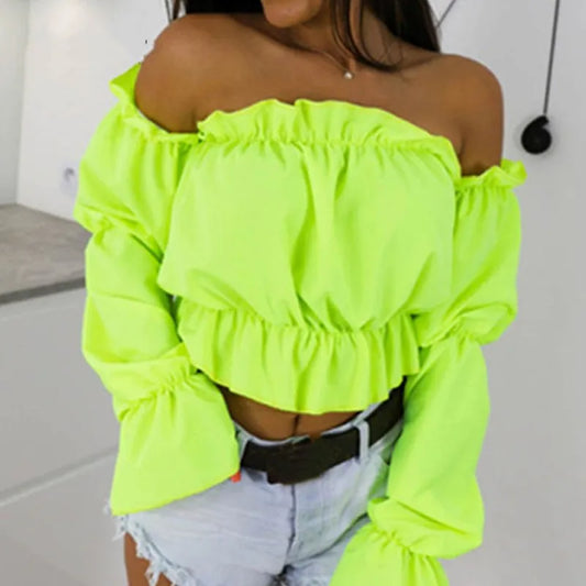 Candy Color Off Shoulder Crop Tops Summer Dot Print Lantern Sleeve Shirts Lady Slash Neck Beach Blouse