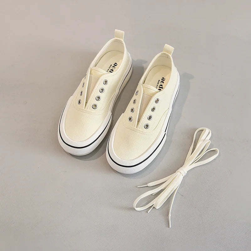 Canvas Lace Up Shallow Shoes Round Toe Ssolid Color Comfort Runner Outsole Sweet Novelit Shoes for Concise
