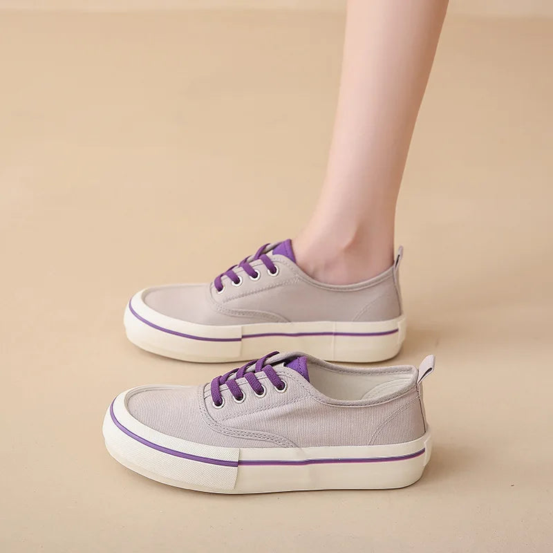 Canvas Lace Up Shallow Shoes Round Toe Ssolid Color Comfort Runner Outsole Sweet Novelit Shoes for Concise