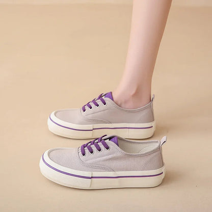 Canvas Lace Up Shallow Shoes Round Toe Ssolid Color Comfort Runner Outsole Sweet Novelit Shoes for Concise