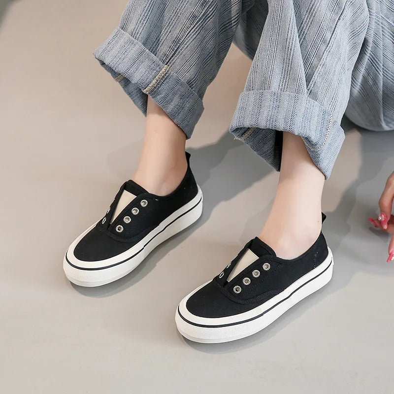 Canvas Lace Up Shallow Shoes Round Toe Ssolid Color Comfort Runner Outsole Sweet Novelit Shoes for Concise