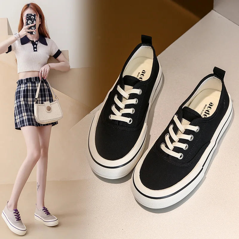 Canvas Lace Up Shallow Shoes Round Toe Ssolid Color Comfort Runner Outsole Sweet Novelit Shoes for Concise