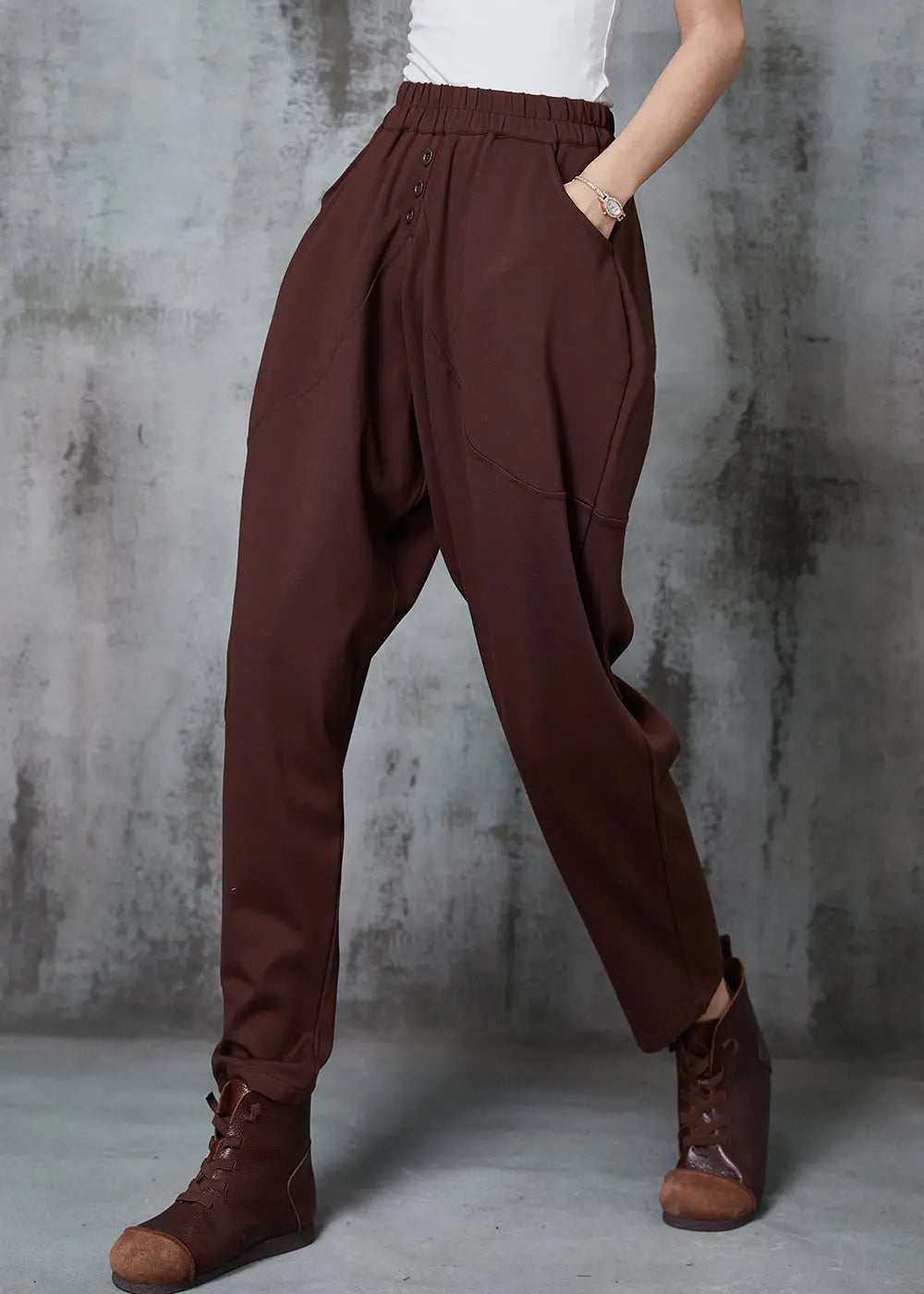 Caramel Cotton Harem Pants High Waist Button Spring Jk1014
