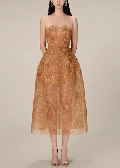 Caramel Lace Sequins Tulle Long Dress Strapless Summer Kk017