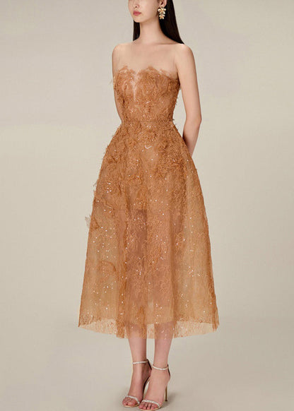 Caramel Lace Sequins Tulle Long Dress Strapless Summer Kk017