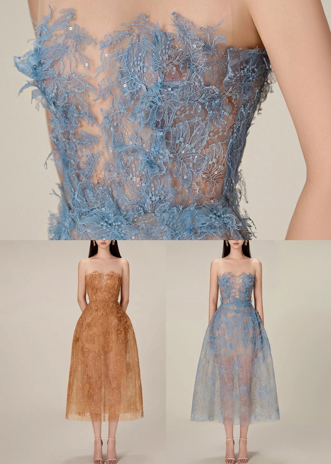 French Blue Zippered Lace Sequins Tulle Long Dress Sleeveless Kk016