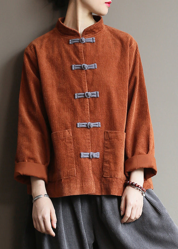 Black Stand Collar Oriental Button Corduroy Coat Spring Ti009