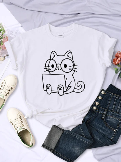 Careful Study of Work Cat Sketches T-shirt Personality Trend Tee Clothing Street Creative Tops Female Short Sleeve