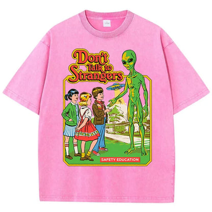 Cartoon Alien Classic Communication Print T-shirt Breathable Cotton Short Sleeve Washed Worn Out Female T Shirts