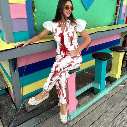 Cartoon Cray Printing Long Pants Set for Summer Short Sleeve Shirt High Waist Wide Leg Pant 2 Piece Sets Lady Outfits