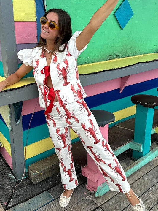 Cartoon Cray Printing Long Pants Set for Summer Short Sleeve Shirt High Waist Wide Leg Pant 2 Piece Sets Lady Outfits