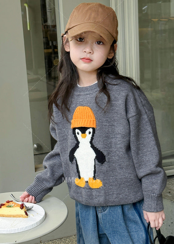 Apricot Penguin Print Cotton Knit Sweater Tops Winter Wl042