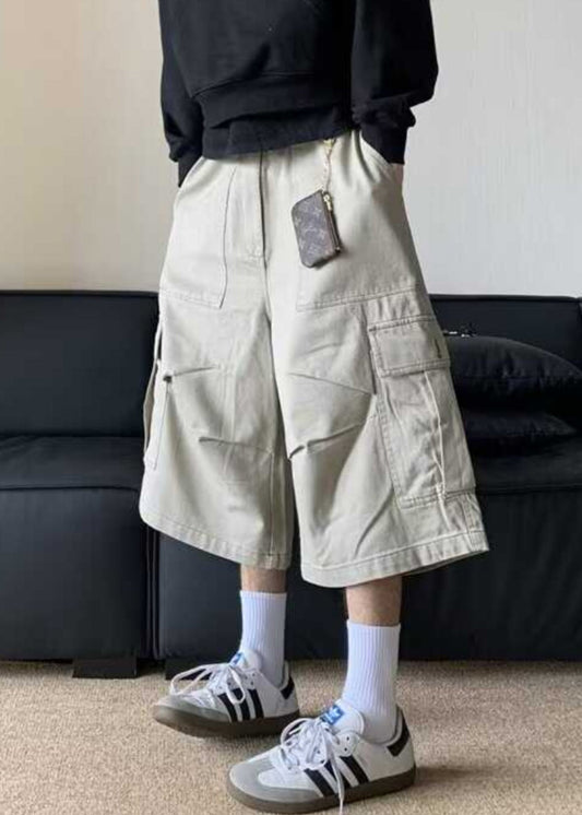 Waist Crop Pants Apricot High Pockets Summer Cotton