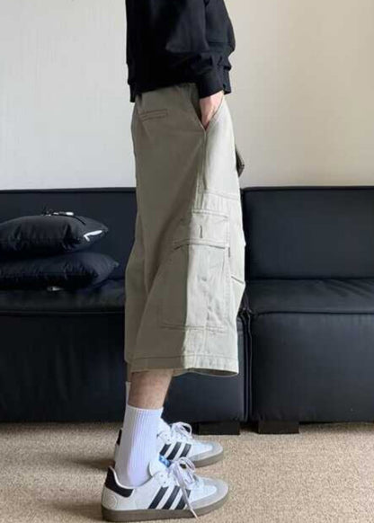 Waist Crop Pants Apricot High Pockets Summer Cotton