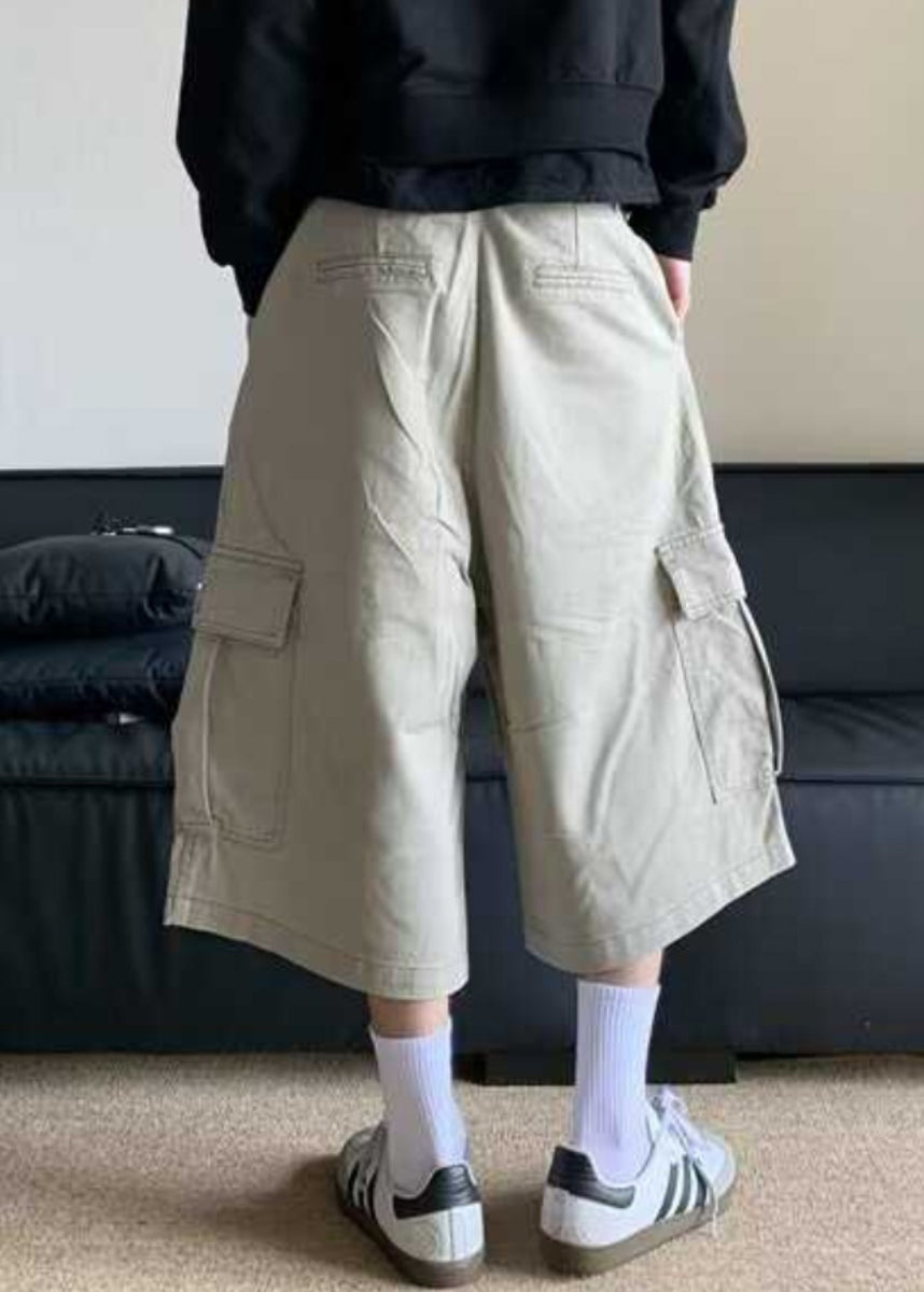 Waist Crop Pants Apricot High Pockets Summer Cotton