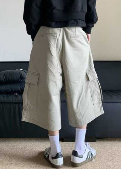 Waist Crop Pants Apricot High Pockets Summer Cotton