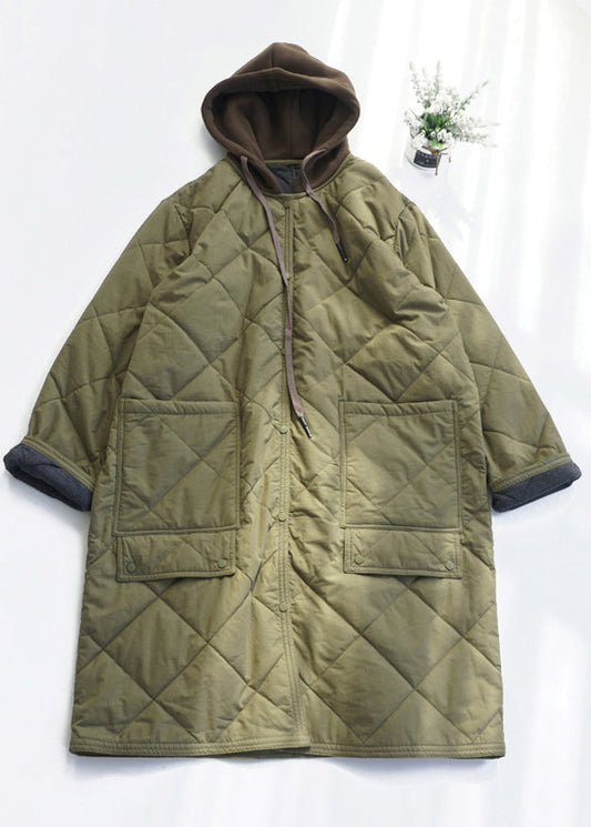 Army Green Pockets Fine Cotton Filled Hooded Coat Fall Ru037