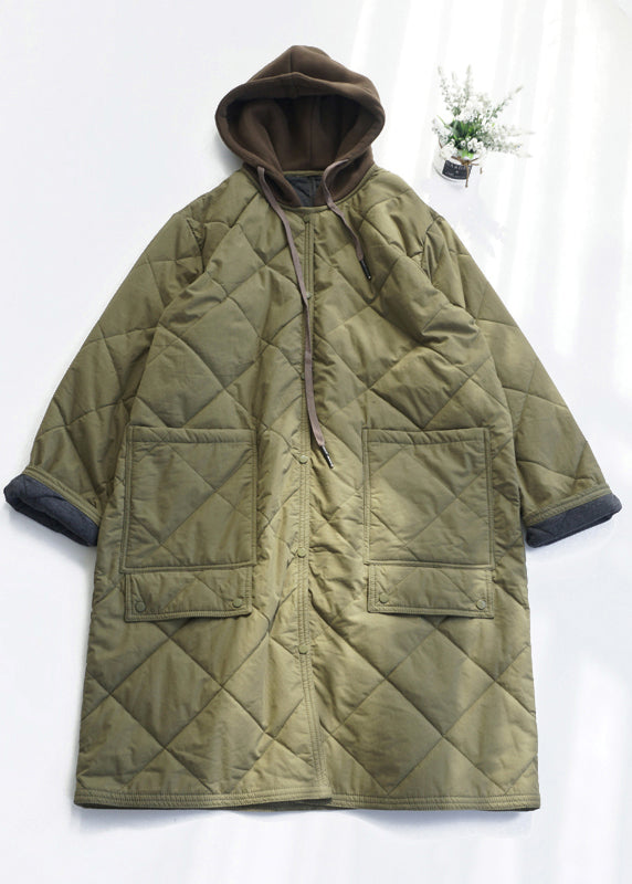 Army Green Pockets Fine Cotton Filled Hooded Coat Fall Ru037