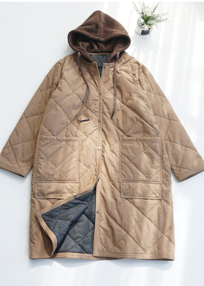 Army Green Pockets Fine Cotton Filled Hooded Coat Fall Ru037