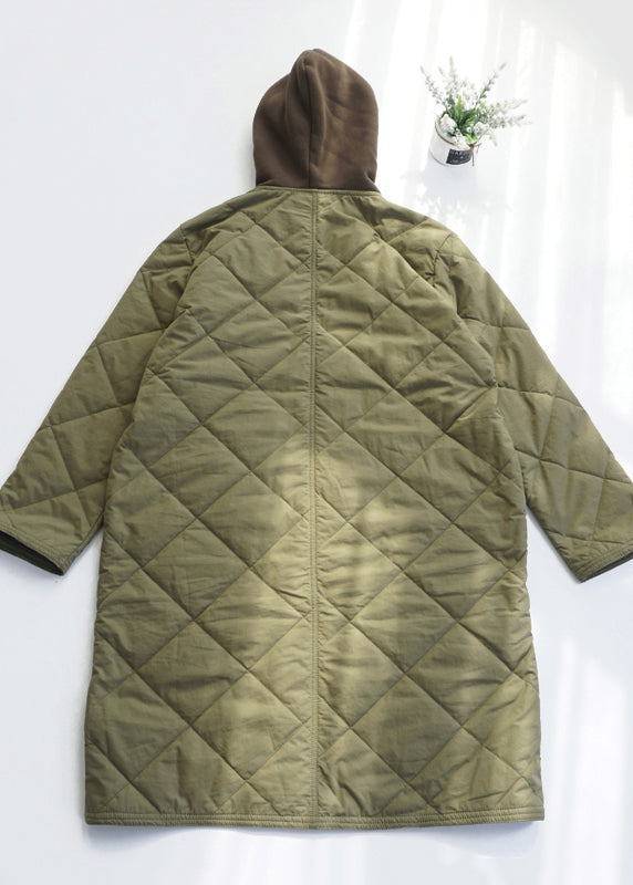 Army Green Pockets Fine Cotton Filled Hooded Coat Fall Ru037