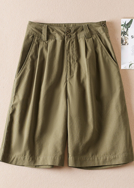 Army Green Pockets High Waist Cotton Shorts Summer Am1060