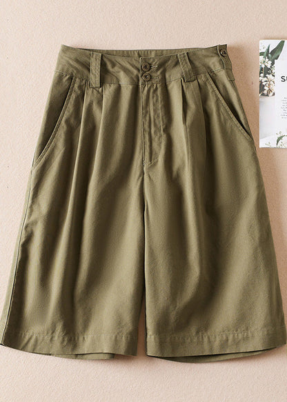 Army Green Pockets High Waist Cotton Shorts Summer Am1060