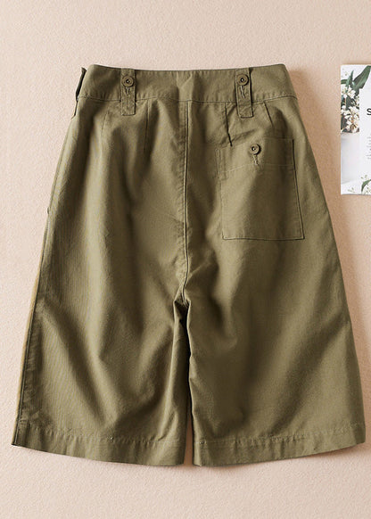 Army Green Pockets High Waist Cotton Shorts Summer Am1060