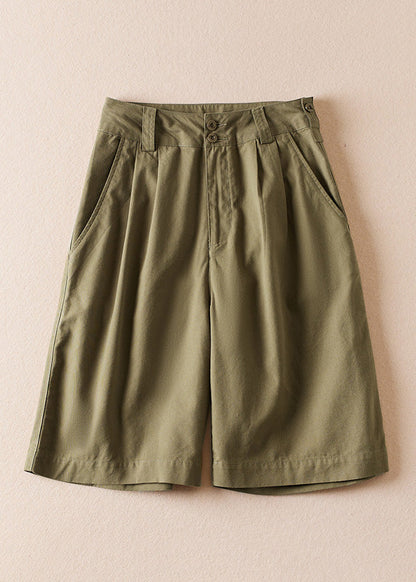 Army Green Pockets High Waist Cotton Shorts Summer Am1060
