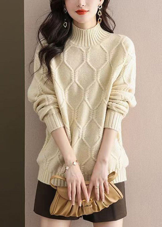Beige Half Hign Neck Thick Knit Sweater Tops Fall Ql052