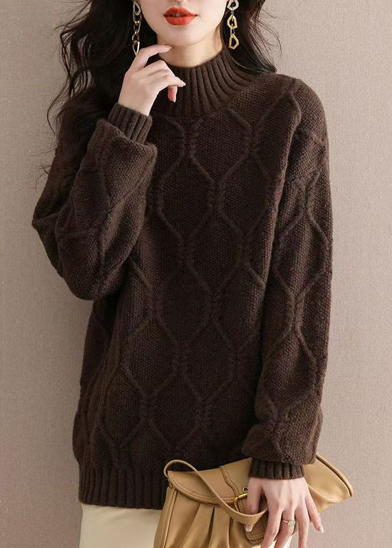 Beige Half Hign Neck Thick Knit Sweater Tops Fall Ql052