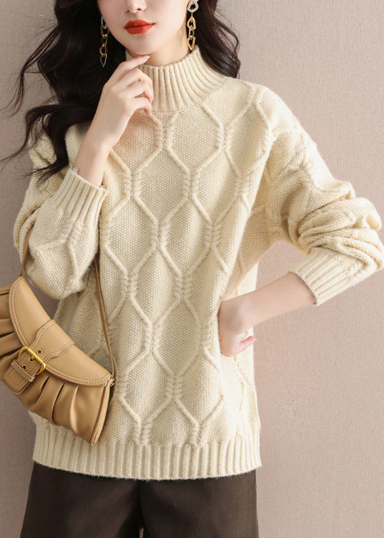 Beige Half Hign Neck Thick Knit Sweater Tops Fall Ql052