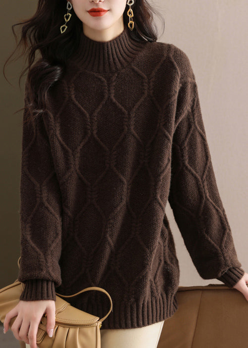 Beige Half Hign Neck Thick Knit Sweater Tops Fall Ql052