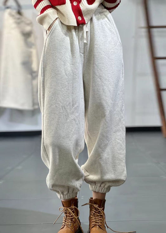 Beige Pockets Elastic Waist Warm Fleece Sport Pants Fall Ru014