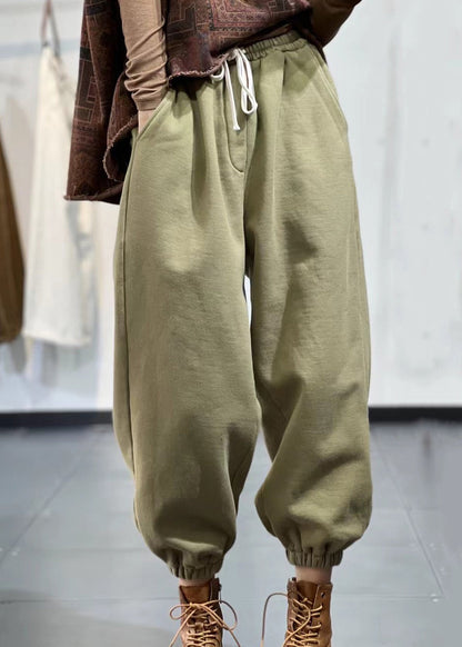 Beige Pockets Elastic Waist Warm Fleece Sport Pants Fall Ru014