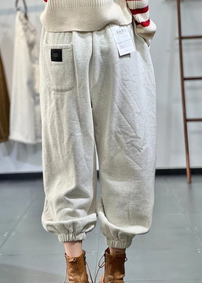 Beige Pockets Elastic Waist Warm Fleece Sport Pants Fall Ru014