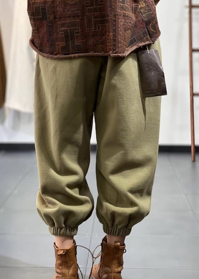 Beige Pockets Elastic Waist Warm Fleece Sport Pants Fall Ru014
