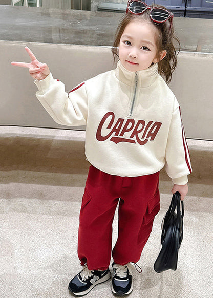 Beige Stand Collar Zippered Warm Fleece Top and Pants Two Piece Set Winter Tr028