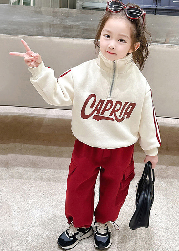 Beige Stand Collar Zippered Warm Fleece Top and Pants Two Piece Set Winter Tr028