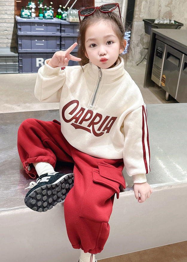 Beige Stand Collar Zippered Warm Fleece Top and Pants Two Piece Set Winter Tr028