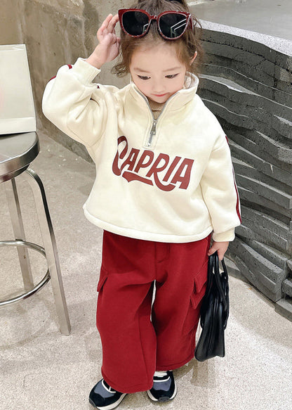 Beige Stand Collar Zippered Warm Fleece Top and Pants Two Piece Set Winter Tr028