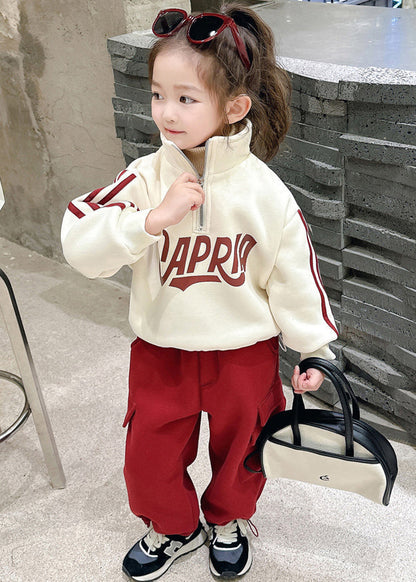 Beige Stand Collar Zippered Warm Fleece Top and Pants Two Piece Set Winter Tr028
