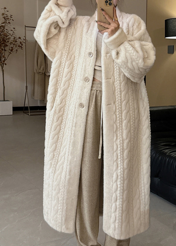 Beige V Neck Button Mink Hair Leather and Fur Long Coats Winter Wv022