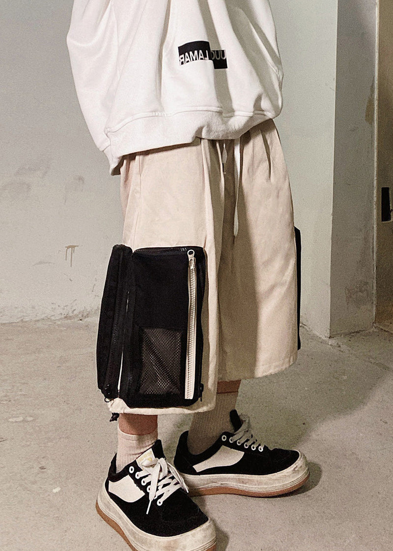 Up Beige Zip Oversized Pockets Summer Shorts Cotton