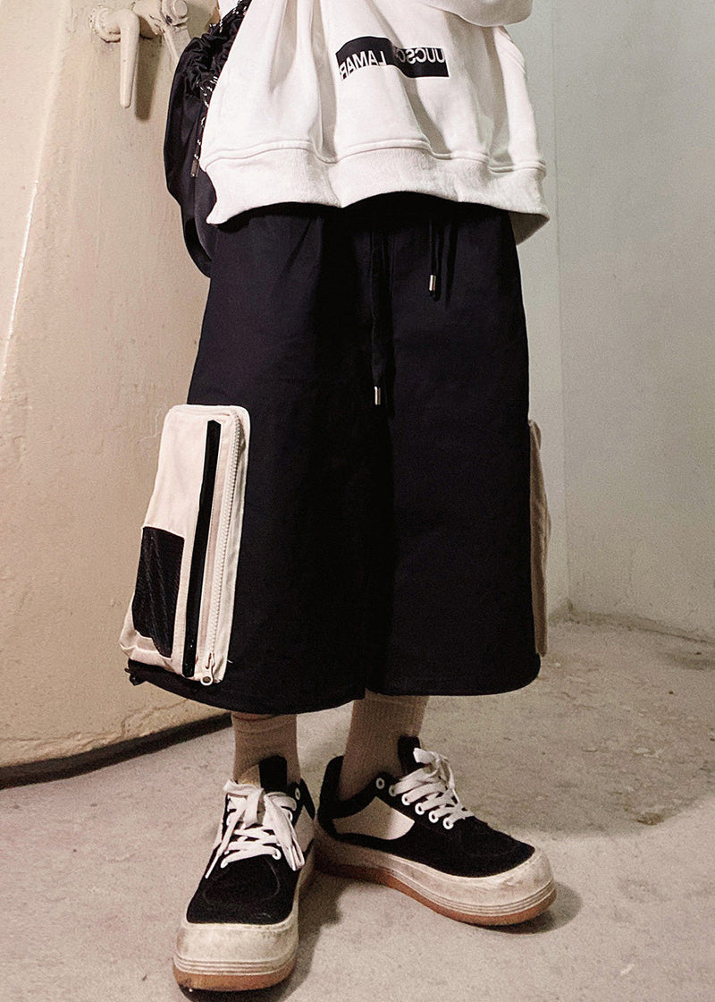 Up Beige Zip Oversized Pockets Summer Shorts Cotton