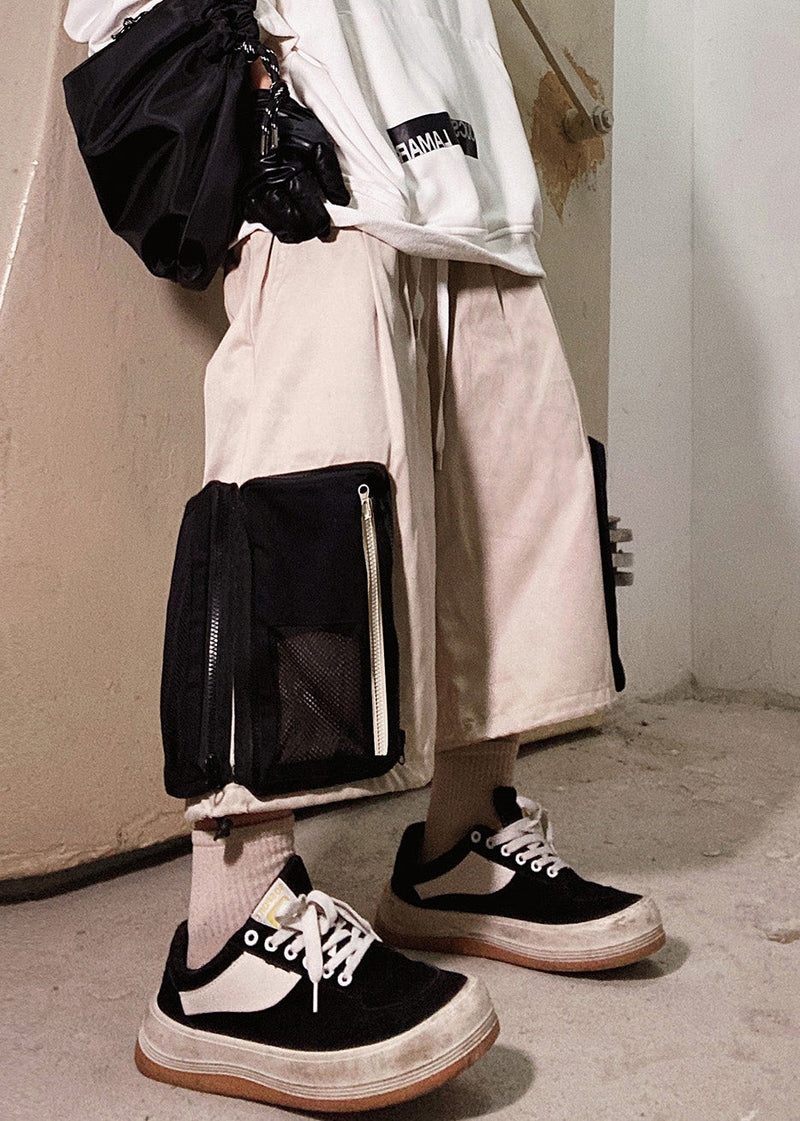 Up Beige Zip Oversized Pockets Summer Shorts Cotton