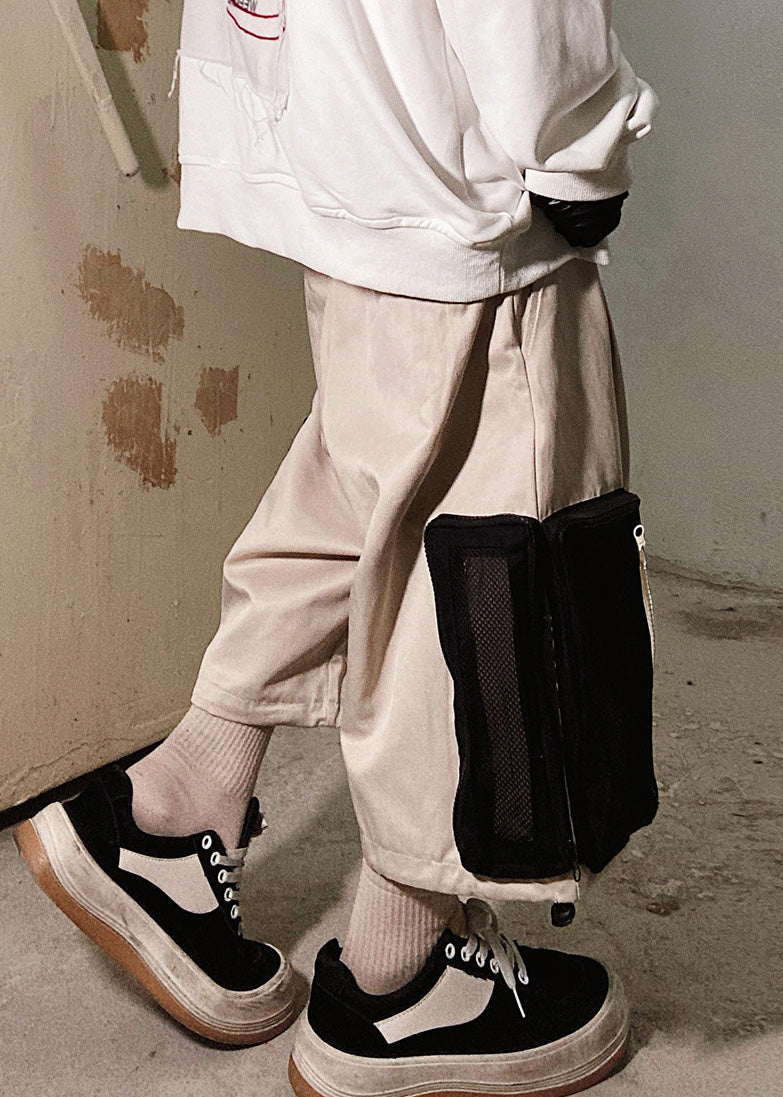 Up Beige Zip Oversized Pockets Summer Shorts Cotton