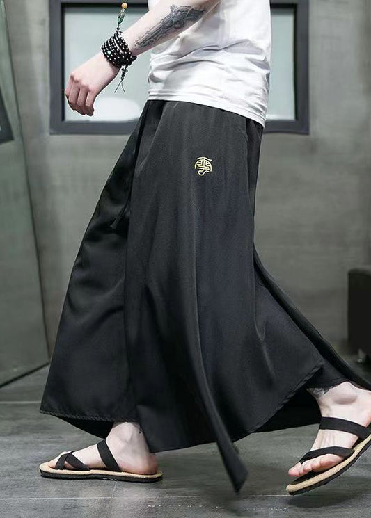 Black Asymmetrical Pockets Ice Silk Wide Leg Pants Summer Sa046